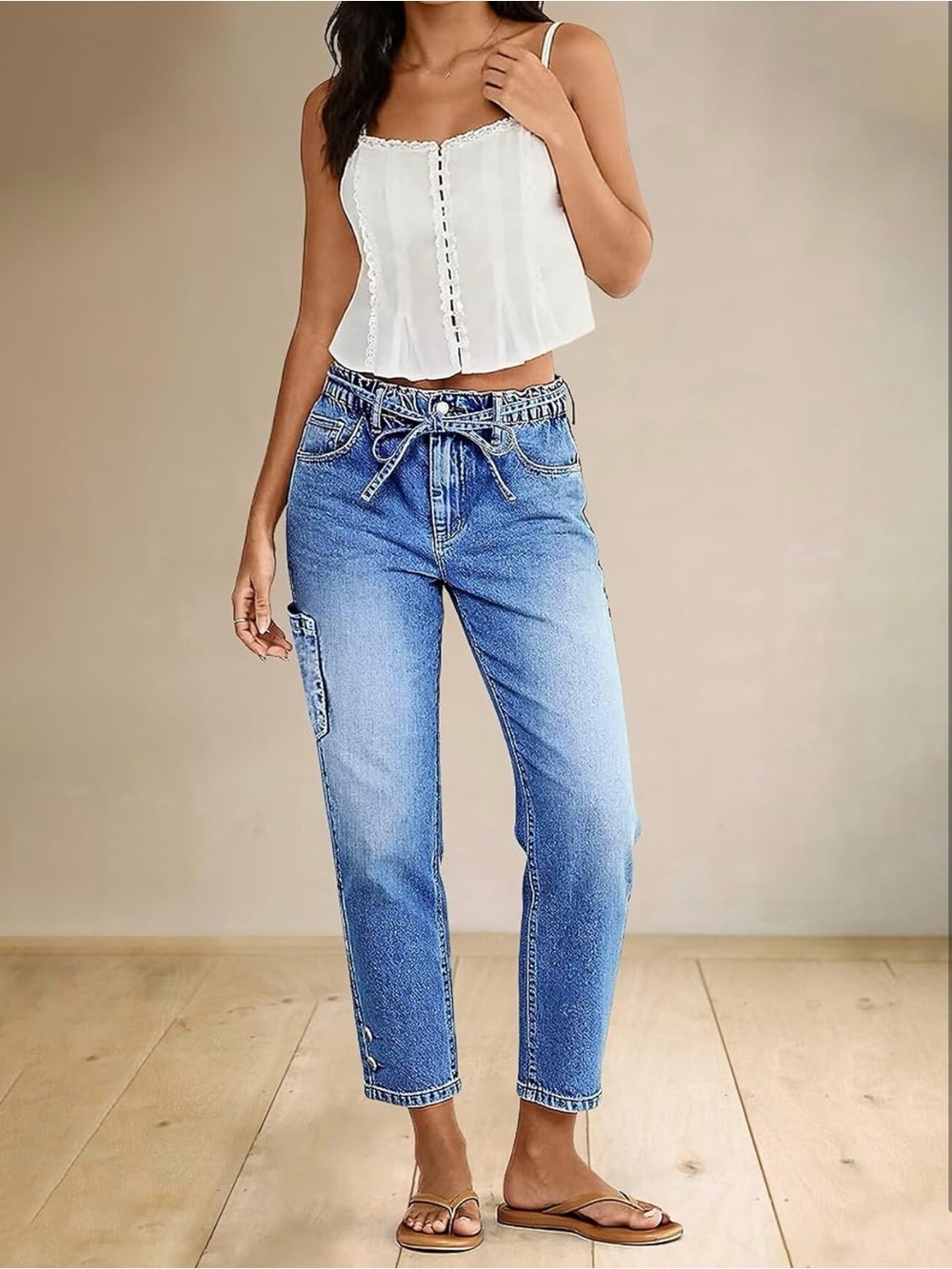 Flamingals Straight Leg Cropped Jeans Mid Rise Button Hem Belted Stretchy Baggy - Picture 1 of 7